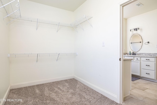 spacious closet with sink and light colored carpet