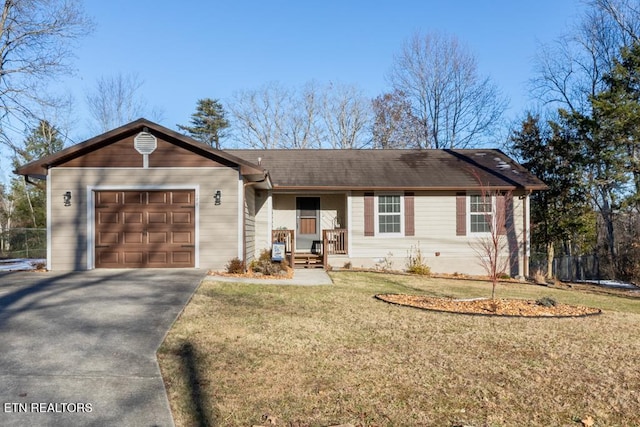 single story home with a front yard and a garage