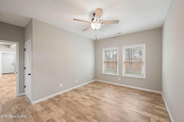 empty room featuring ceiling fan and light wood-type flooring