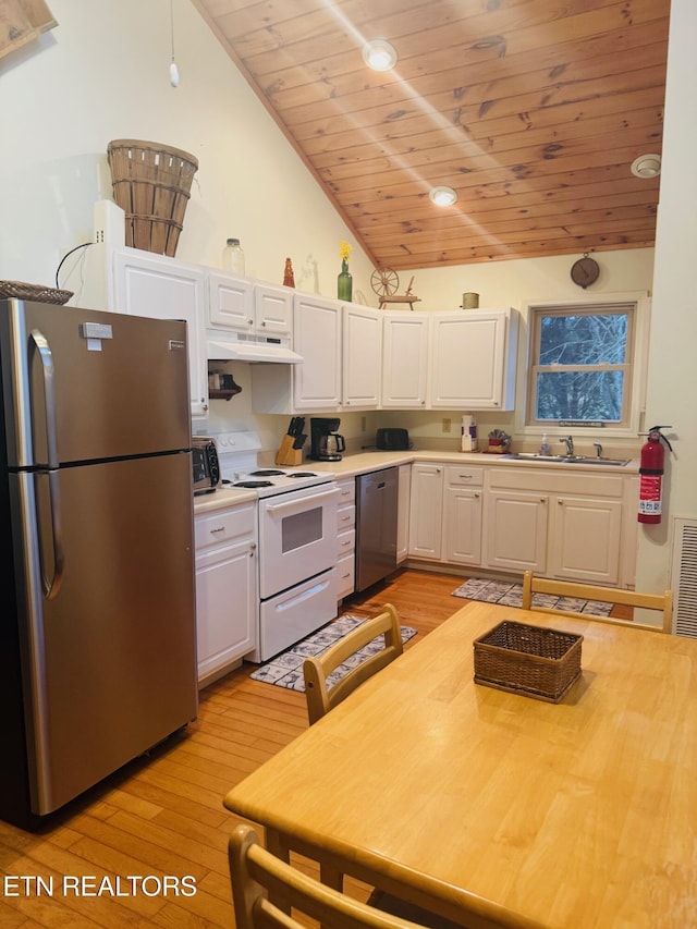 kitchen featuring stainless steel appliances, wooden ceiling, white cabinets, and light wood-type flooring