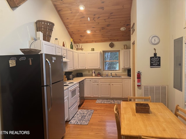 kitchen with white cabinetry, sink, light hardwood / wood-style floors, stainless steel appliances, and wooden ceiling