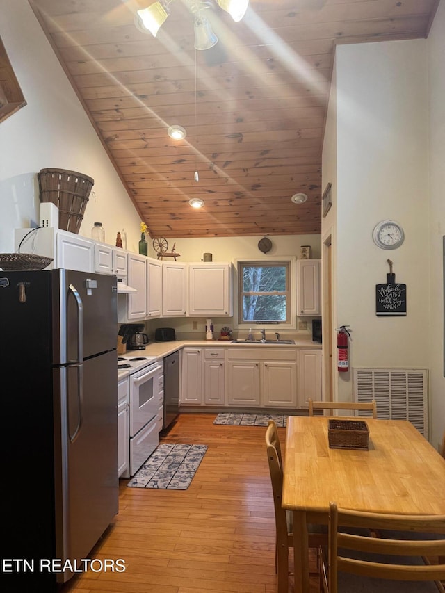 kitchen featuring sink, wood ceiling, stainless steel appliances, light hardwood / wood-style floors, and white cabinets