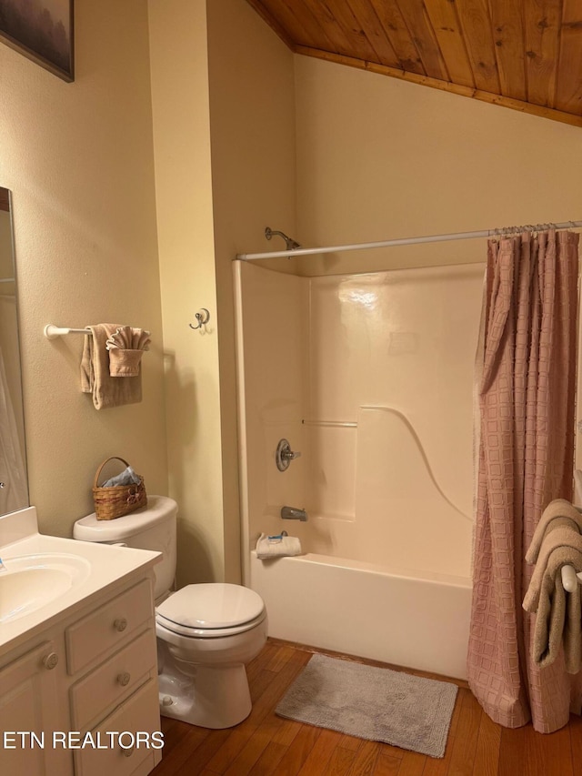 full bathroom featuring shower / tub combo with curtain, wood-type flooring, vanity, and wooden ceiling