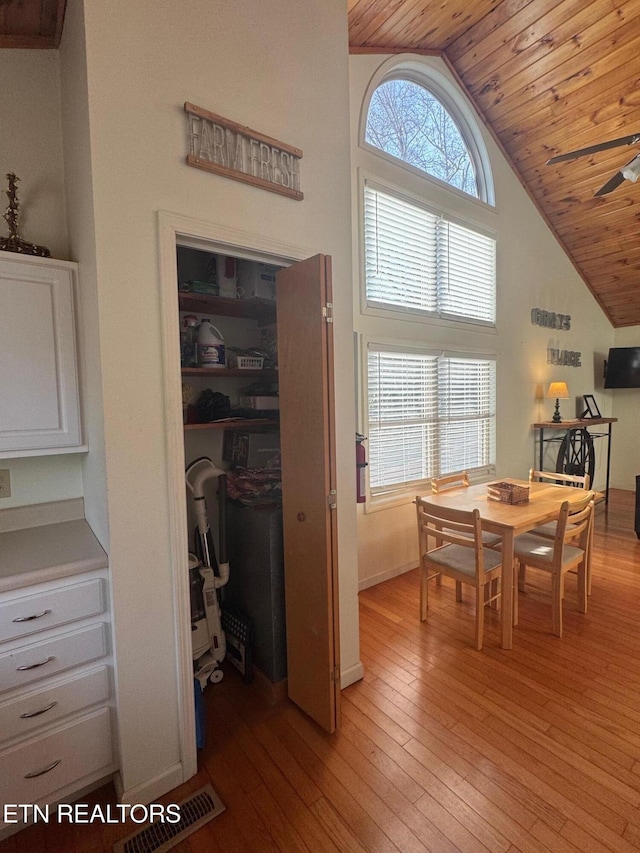 dining space featuring ceiling fan, plenty of natural light, wood ceiling, and light hardwood / wood-style flooring