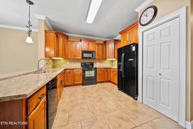 kitchen featuring black appliances, tasteful backsplash, ornamental molding, pendant lighting, and sink