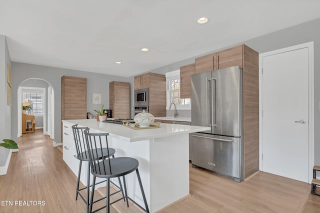 kitchen featuring stainless steel appliances, a wealth of natural light, and light hardwood / wood-style floors