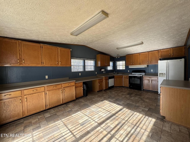 kitchen with white fridge with ice dispenser, dishwasher, sink, electric range oven, and lofted ceiling