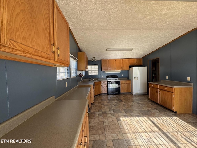 kitchen with sink, exhaust hood, white refrigerator with ice dispenser, and range with electric stovetop