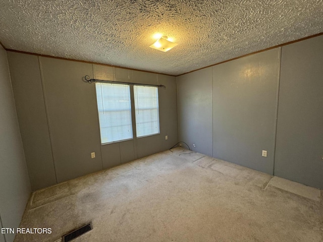 empty room featuring ornamental molding, light carpet, and a textured ceiling