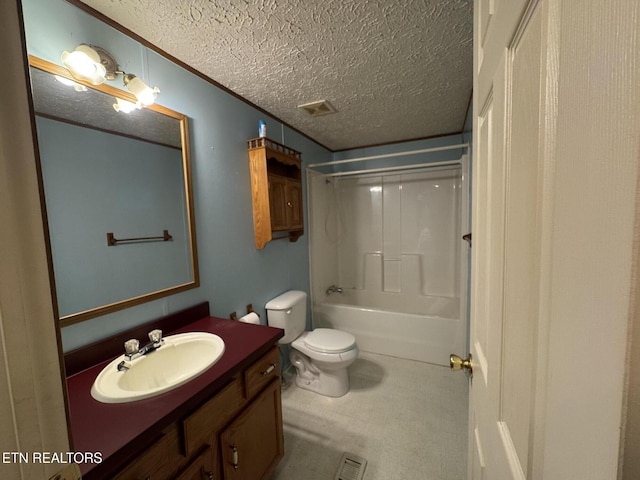 full bathroom with a textured ceiling, vanity, toilet, shower / bathtub combination, and crown molding