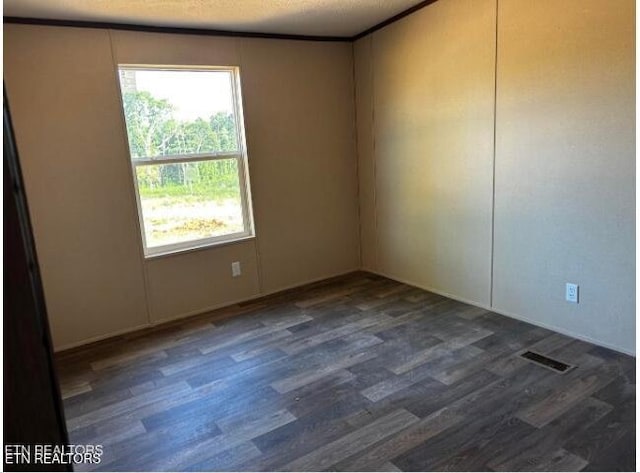 spare room featuring a healthy amount of sunlight, dark wood-type flooring, and a textured ceiling