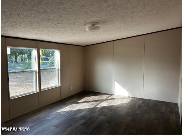 unfurnished room with a textured ceiling, dark wood-type flooring, and plenty of natural light