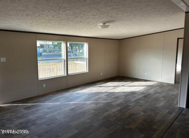 spare room featuring dark hardwood / wood-style flooring and a textured ceiling