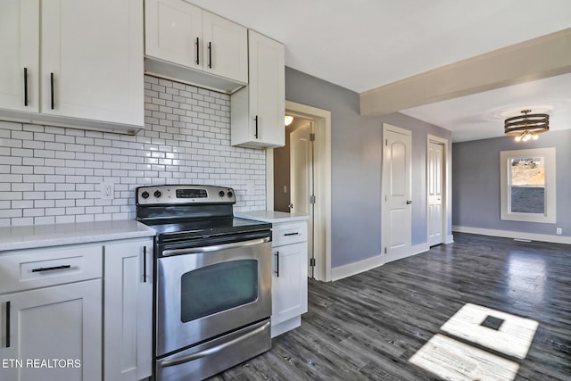 kitchen featuring dark wood-type flooring, decorative backsplash, stainless steel electric stove, and white cabinets