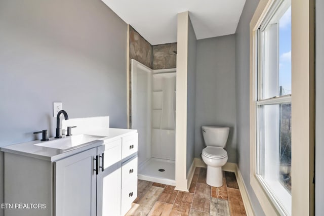 bathroom featuring vanity, a shower, and toilet