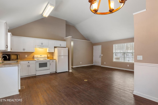 kitchen featuring a notable chandelier, white appliances, white cabinets, sink, and dark wood-type flooring