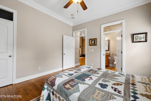 bedroom with ceiling fan, ornamental molding, hardwood / wood-style flooring, and ensuite bath