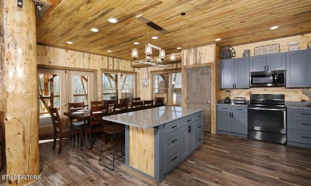 kitchen with a kitchen island, dark wood-type flooring, stainless steel appliances, gray cabinets, and wooden ceiling