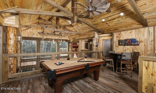 game room featuring dark wood-type flooring, pool table, wood walls, wooden ceiling, and beam ceiling