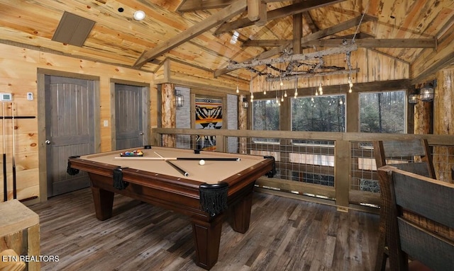 recreation room featuring wood ceiling, wood walls, pool table, dark wood-type flooring, and beam ceiling