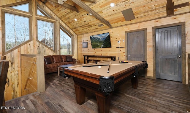 recreation room with wooden walls, wooden ceiling, dark hardwood / wood-style flooring, billiards, and lofted ceiling with beams