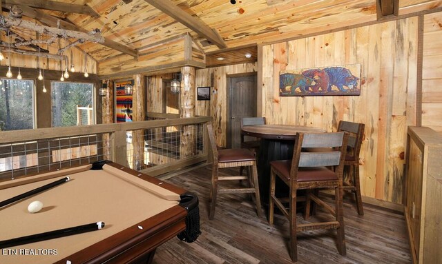 playroom with lofted ceiling with beams, wood ceiling, wood walls, and hardwood / wood-style floors