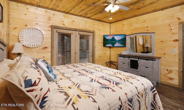 bedroom featuring ceiling fan, wood ceiling, wood walls, and dark hardwood / wood-style floors