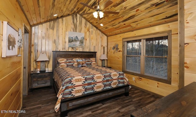 bedroom featuring lofted ceiling, ceiling fan, wooden walls, dark wood-type flooring, and wooden ceiling