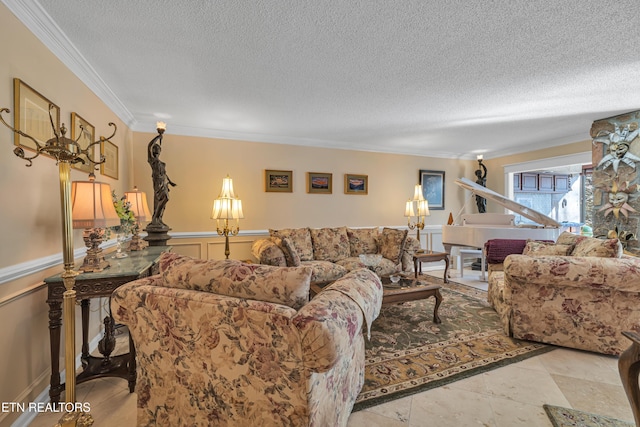 living room with ornamental molding, light tile patterned floors, and a textured ceiling