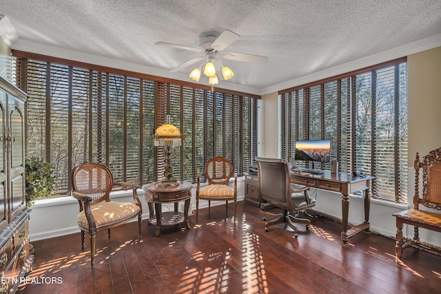 office with ceiling fan, ornamental molding, dark hardwood / wood-style flooring, and plenty of natural light