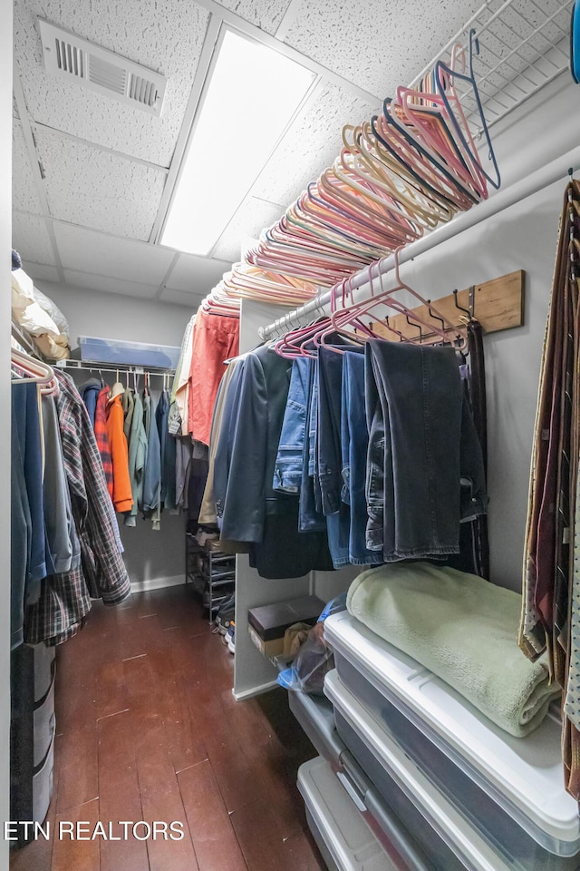 walk in closet with dark hardwood / wood-style floors and a paneled ceiling