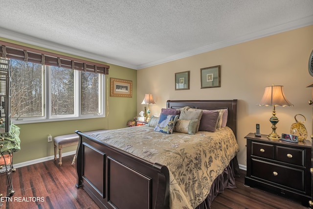 bedroom with dark wood-type flooring, ornamental molding, and a textured ceiling