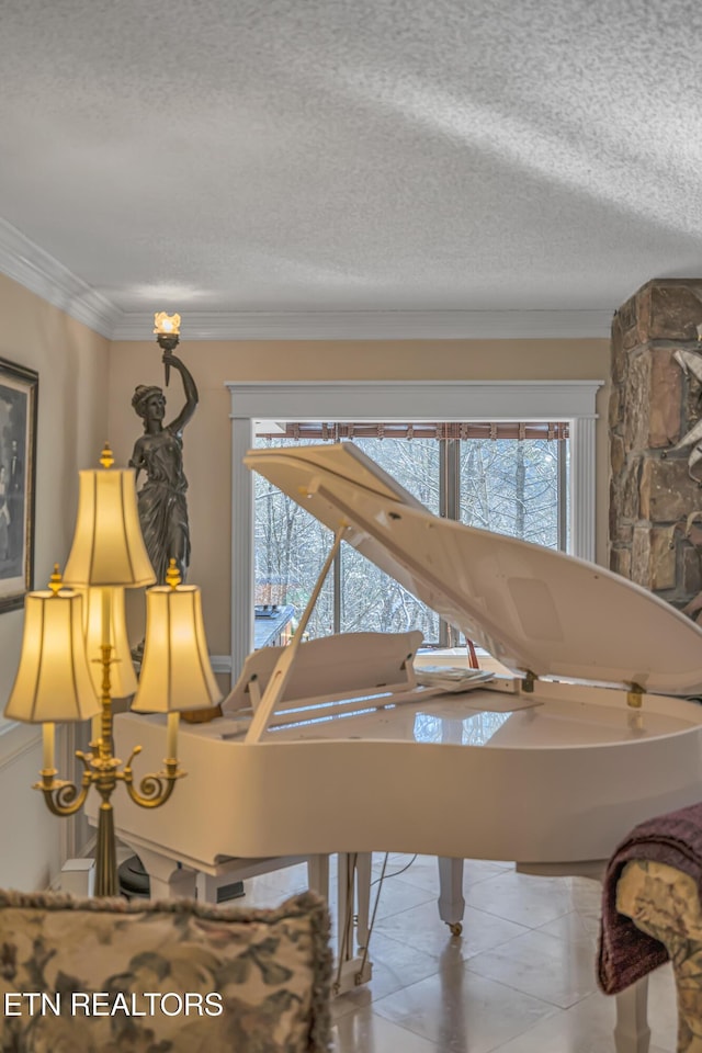 misc room with ornamental molding and a textured ceiling