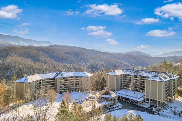 snowy aerial view featuring a mountain view