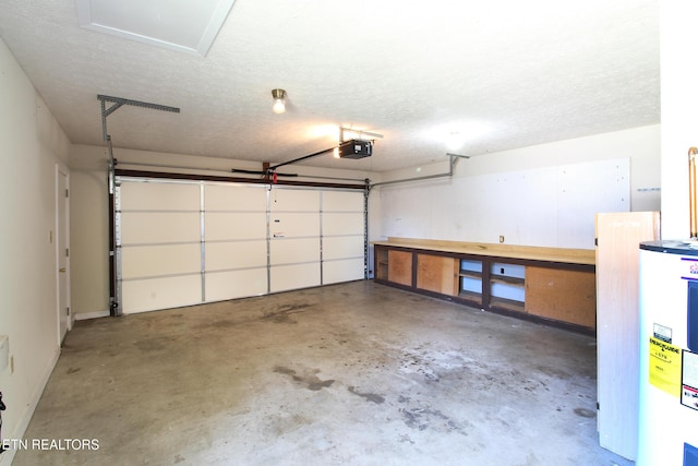 garage featuring a garage door opener and water heater