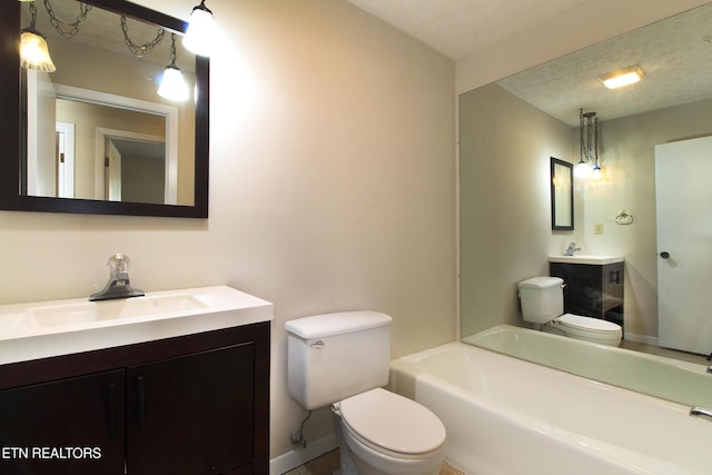 full bath with a textured ceiling, a washtub, toilet, and vanity