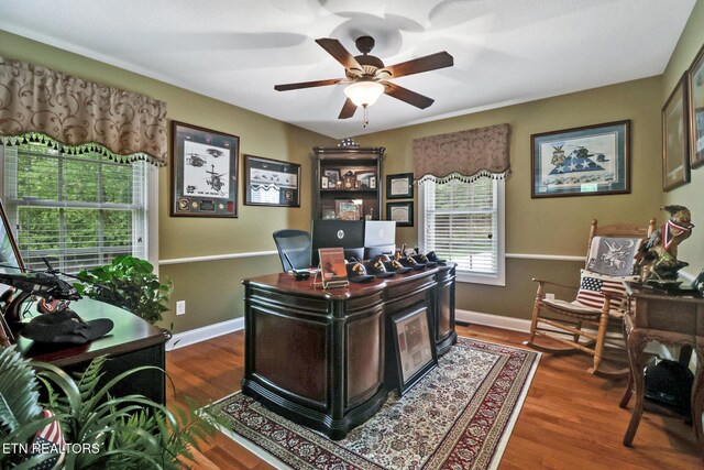 56 Westridge Ct, Fairfield Glade, TN 38558 - home office with ceiling fan, wood finished floors, and baseboards
