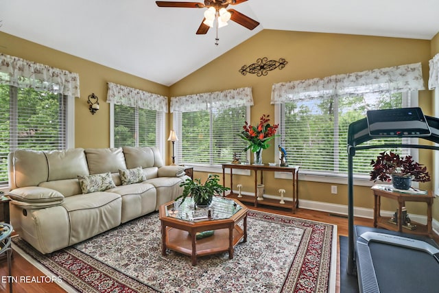 56 Westridge Ct, Fairfield Glade, TN 38558 - living room featuring ceiling fan, wood finished floors, lofted ceiling, and baseboards