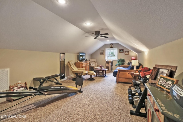 56 Westridge Ct, Fairfield Glade, TN 38558 - workout room with vaulted ceiling, carpet flooring, a ceiling fan, and recessed lighting