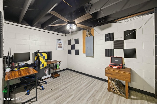 office featuring electric panel and light wood-type flooring