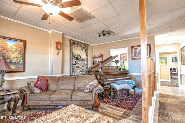 living room featuring hardwood / wood-style flooring, ceiling fan, ornamental molding, and a paneled ceiling