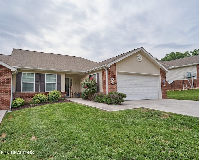 ranch-style home featuring a front lawn and a garage