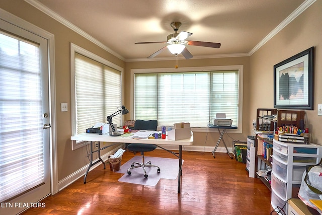 office space with dark wood-type flooring, ornamental molding, and ceiling fan