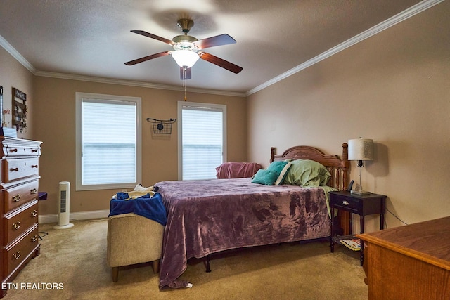 bedroom with ceiling fan, light carpet, and crown molding