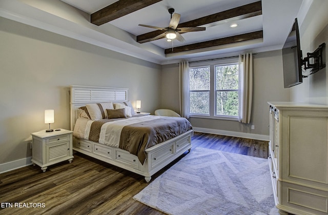 bedroom featuring ceiling fan, beamed ceiling, dark wood finished floors, and baseboards