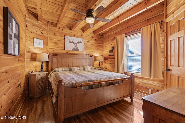 bedroom with wood walls, wood-type flooring, ceiling fan, wood ceiling, and beam ceiling