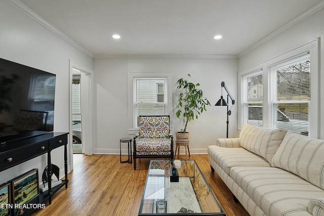 living room with ornamental molding and light hardwood / wood-style floors