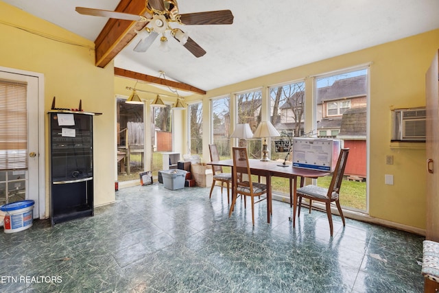 sunroom with vaulted ceiling with beams and ceiling fan