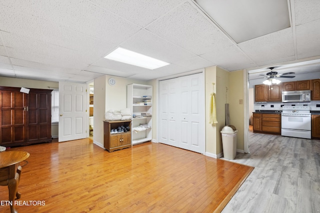 living room featuring a drop ceiling, light hardwood / wood-style floors, and ceiling fan