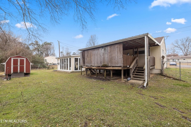 exterior space featuring a shed